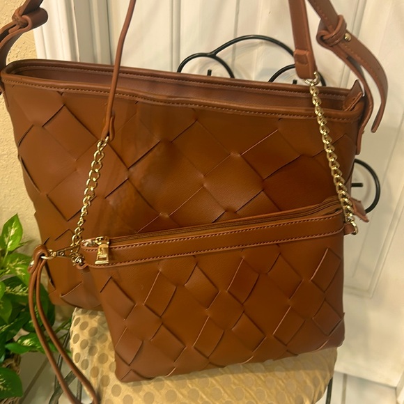 Bags Woven Brown Large Zip Shoulder Bag With Wristlet Poshmark